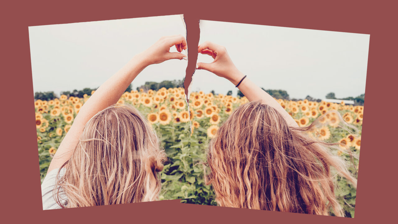 two young blonde friends facing a field of sunflowers making a heart with their hands, torn in half