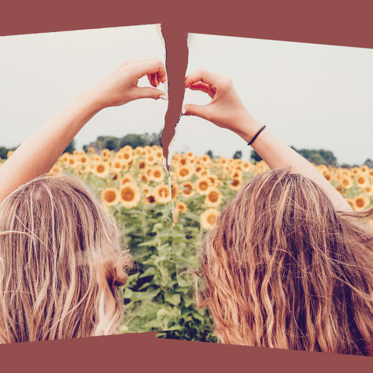 two young blonde friends facing a field of sunflowers making a heart with their hands, torn in half