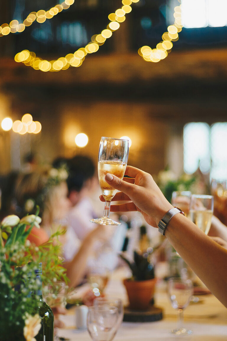 guests toasting at a wedding with string lights blurred in the background