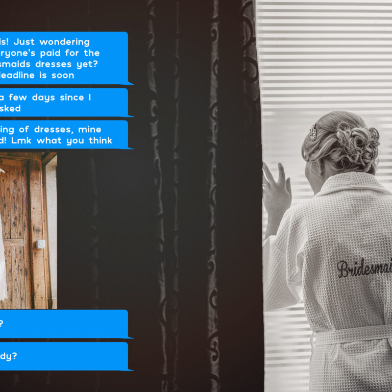 bridesmaid peeking through blinds with a text message overlay of the bride getting left on read