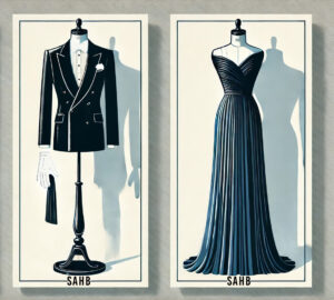 an illustration of White Tie Formal wedding attire, two dress forms with one donning a black tuxedo jacket, white tie and a white glove, the other in a floor-length formal blue gown.